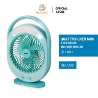 Quạt tích điện mini RAKUNET cầm tay có đèn 2 chế độ sáng cổng sạc USB 3 cấp độ