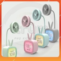 Quạt Tích Điện Mini Tai Thỏ Có Led Đổi Màu Để Bàn Tiện Lợi 3 Chế Độ Gió Cáp Sạc USB