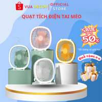 Quạt Tích Điện Mini Treo Tường, Quạt Để Bàn Tai Mèo Có 3 Chế Độ Kèm Sạc USB Đa Năng Kiêm Đèn Ngủ, Pin Trâu