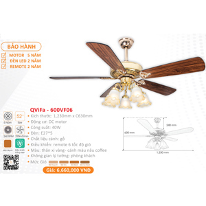 Quạt trần đèn 5 cánh Vifa 600VF06