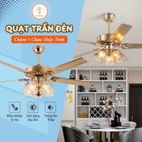 Quạt Trần Đèn Chùm 5 Chao Thuỷ Tinh, Phong Cách Tân Cổ Điển, Động Cơ DC Inverter 100% Lõi Đồng 6 Tốc Độ Gió, Kèm Điều Kh