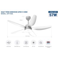 QUẠT TRẦN ĐÈN LED SUNHOUSE APEX 5 CÁNH APF7686 có điều khiển xa bảo hành chính hãng 24 tháng trên toàn quốc
