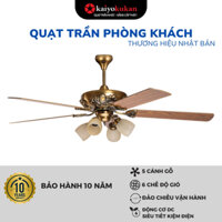 Quạt trần phòng khách Kaiyokukan KIKU 3310 loại 5 cánh gỗ có đèn chùm động cơ DC tiết kiệm điện màu vàng đồng cổ diển