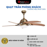 Quạt trần phòng khách Kaiyokukan YAMA 4054 loại 5 cánh gỗ đèn led liền động cơ DC tiết kiệm điện màu vàng đồng