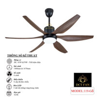 Quạt trần quạt trần đèn 6 cánh DCT Ceiling Fan 119 Gỗ động cơ DC tiết kiệm điện, điều khiển từ xa 6 cấp độ gió