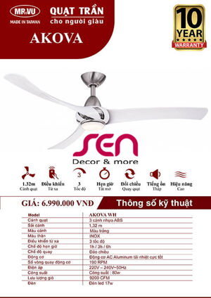 Quạt trần Royal 3 cánh Akova Led