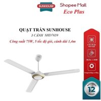 Quạt trần Sunhouse 3 cánh SHD7659, công suất 75W, đường kính cánh 1,4 mét, 5 cấp độ gió, Độ ồn khi hoạt động ≤ 65dB