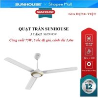Quạt trần Sunhouse 3 cánh SHD7659, công suất 75W, đường kính cánh 1,4 mét, 5 cấp độ gió, Độ ồn khi hoạt động ≤ 65dB