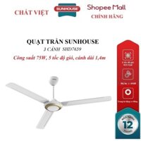 Quạt trần Sunhouse 3 cánh SHD7659, công suất 75W, đường kính cánh 1,4 mét, 5 cấp độ gió, Độ ồn khi hoạt động ≤ 65dB
