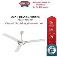 Quạt trần Sunhouse 3 cánh SHD7659, công suất 75W, đường kính cánh 1,4 mét, 5 cấp độ gió, Độ ồn khi hoạt động ≤ 65dB