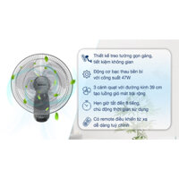 Quạt treo gắn tường Remote điều khiển từ xa, hẹn giờ 8 tiếng. 3 tốc độ gió, công suất 47W, GIAO HỎA TỐC