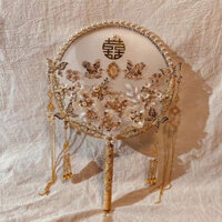 Quạt tròn cô dâu phong cách cổ điển Hanfu, quạt cưới Trung Quốc thủ công, bộ đồ Xiuhe, bộ vật liệu quạt niềm vui, quạt hoa cầm tay