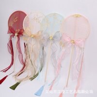 Quạt tròn Hanfu mùa hè kiểu nút bướm, quạt cung điện tay cầm dài, quạt vải thủ công DIY
