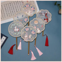Quạt Tròn Nữ Trung Quốc Thêu Cổ Điển Tay Cầm Dài Quạt Lụa Retro Tiệc Cưới Khiêu Vũ Hanfu Phụ Kiện
