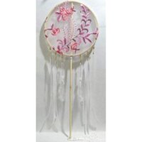 Quạt tròn thêu cổ trang cán dài, hàng sẵn có