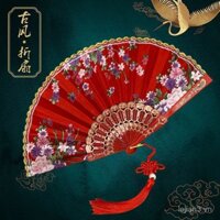 Quạt vải lụa viền vàng, quạt phong cách cổ điển, quạt trình diễn cheongsam, quạt gấp bền, quạt nhảy, quạt nữ, quà tặng người nổi tiếng trên internet