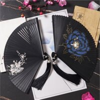 Quạt Xếp Cầm Tay Bằng Tre Màu Đen Kiểu Cổ Điển Nhật Bản