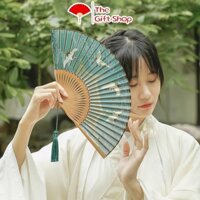 Quạt xếp cổ trang chim hạc nan tre cao cấp, hán phục trung hoa [21cm]