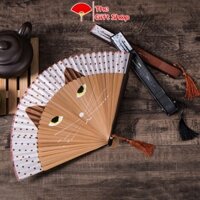 Quạt xếp cổ trang hình mèo cao cấp-Quạt xếp vải cao cấp-Quạt cổ trang Trung Quốc họa tiết mèo