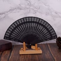 Quạt xếp gỗ màu đen cầm tay khắc khắc họa tiết phong cách Trung Hoa thời trang
