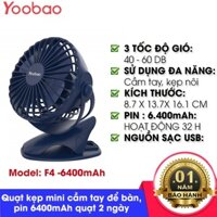 Quạt Yoobao F04 Pin 6400 mAh / F04 MAX Pin 10.000 mAh / F1 Pin 10.000 với 4 chế độ gió hoạt động liên tục từ 20-60 giờ.