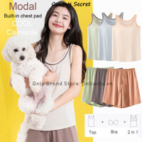 [Queen 's Secret] Bộ đồ ngủ đệm ngực mát mẻ, đồ mặc nhà mỏng Modal-Fabric dành cho nữ Áo ba mảnh + quần short