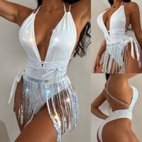 Quillent Mùa Hè Monokini Tua Dài Sáng Bóng Kim Sa Lấp Lánh Cắt Thấp Cổ Chữ V Dây Đeo Tắm Eo Cao Không Lưng Scanty Đi Biển Quần Áo Thể Thao Dưới Nước