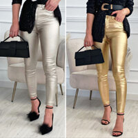 Quillent Quần legging nữ dài đến mắt cá chân Túi chống nhăn co giãn hàng ngày Bề mặt sáng Quần legging giả da gợi cảm Quần áo nữ