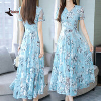 QUIXLENT Mùa Hè Nữ Đầm Eo Tay Ngắn In Hoa Midi Đầm Dạo Phố