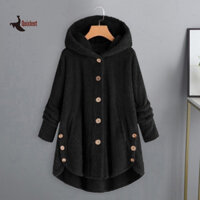 QUIXLENT Nữ Mùa Đông Áo Khoác Dày Hai Mặt Lông Cừu Có Mũ Trùm Đầu Nút Trang Trí Tay Dài Không Đều Viền