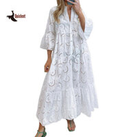 QUIXLENT  Thanh Lịch Màu Trơn Thêu Ren Đầm Maxi Cổ Chữ V 45355 Tay loe Rỗng Ra