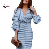 QUIXLENT  Thời Trang Đảng Câu Lạc Bộ Nữ Chấm Bi Cổ Chữ V Tay Phồng Chiều Dài Đầu Gối Bodycon