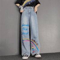 Quốc Gia Hợp Thời Trang Cầu Vồng Graffiti Xịt Sơn Quần Jean Nam Nữ Rời Cặp Đôi Siêu Nóng Thường Ngày Bố Quần Ống Rộng Hợp Thời Trang