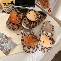 Qutzzmnd Hello Kitty Dép, Giữ Ấm Dép Da Báo Sang Trọng, Kawaii Dày Đế Dày Nhẹ Cotton Dép Nữ