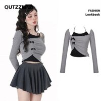 Qutzzmnd Tay Dài, Áo Crop Top Hai Mảnh Mỏng, Nơ Màu Xám Nóng Treo Cổ Áo Bé Gái