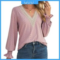 Quu Nữ Áo Sơ Mi Rời Mùa Thu Tay Phồng Áo Cổ Chữ V Áo Cho Nữ Dài Tay Ruffle Áo Có Khói Cu