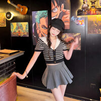 QVUY Self-Portrait Vintage Striped Navy Collar Short Sleeve Knitted Cardigan24Autumn Black Short Slim Fit Youthful Top