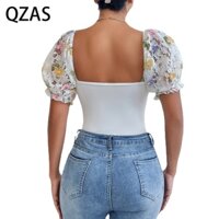 Qzas Jumpsuit Tay Phồng In Họa Tiết Rỗng Thời Trang 10681