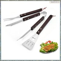 [R M O P] Bộ ba món nướng thịt nướng bằng thép không gỉ BBQ Tay cầm bằng gỗ Xẻng Kẹp nướng kết hợp Bộ kẹp nĩa