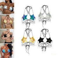 R Nữ Kim Loại Ngôi Sao Áo Ngực Crop Top Dây Buộc Ren Lên Bralette Bandeau Camisole Rave Dance Top Ngôi Sao Dây Đeo Ống Top Quà Tặng