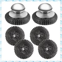 [R Q M U] 2 Máy chà sàn bằng thép không gỉ có tay cầm, 4 Máy chà sàn thay thế, để làm sạch gang, bát đĩa, nồi bếp, nướng