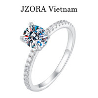 R045 S925 Nhẫn Bạc Nữ Đá Tròn Oval 4 Chấu 1 Carat, Viền Tấm Đá 2 Bên Có Hộp, Nhẫn Bạc Xi Vàng Trắng, Nhẫn Hột Cao, Đá CZ