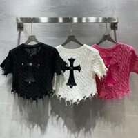 Rách Tua Rua Influencer Mỏng Đan 24 Mùa Hè Phong Cách Mới Cổ Tròn Tay Ngắn Lưng Thêu Chéo Đường Phố Hợp Thời Trang Áo Thun Top