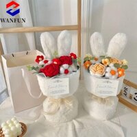 Radiantedge Hoa móc hoàn thiện, Hoa hồng hình tai thỏ bông hồng Bó hoa dệt kim sang trọng, Màu trơn Thỏ len dễ thương Vải hoạt hình quấn hoa Quà tặng ngày lễ tình nhân