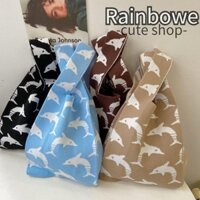 Rainbow knot wrist bag, handmade high-capacity knit handbag, casual whale knit shopping bags girls