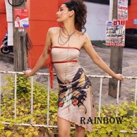 Rainbow-women strapless slim dress summer butterfly print backless party dress for cocktail streetwear