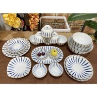 [RẺ ĐẸP] Bộ bát đĩa sứ trắng sọc xanh siêu đẹp - Bộ chén dĩa đẹp