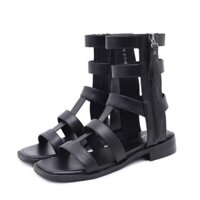 RẺ HOT Sandal nữ hở mũi kéo khoá đế thấp màu đen THỜI THƯỢNG