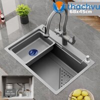 [RẺ VÔ ĐỊCH] Bồn chậu rửa chén bát inox 304 1 hố lớn nano 68x45 chống xước chống bám bẩn, combo 1 bộ chậu, rổ, ống xả.