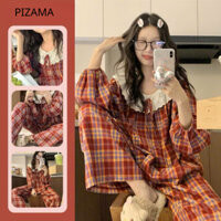 [RẺ VÔ ĐỊCH] Set Bộ Đồ Pijama Mặc Nhà Kẻ Caro Đỏ Áo Babydoll Cổ TRòn Phối Ren Dây Nơ Tay Bồng Mix Quần Suông Dài Ống Rộn